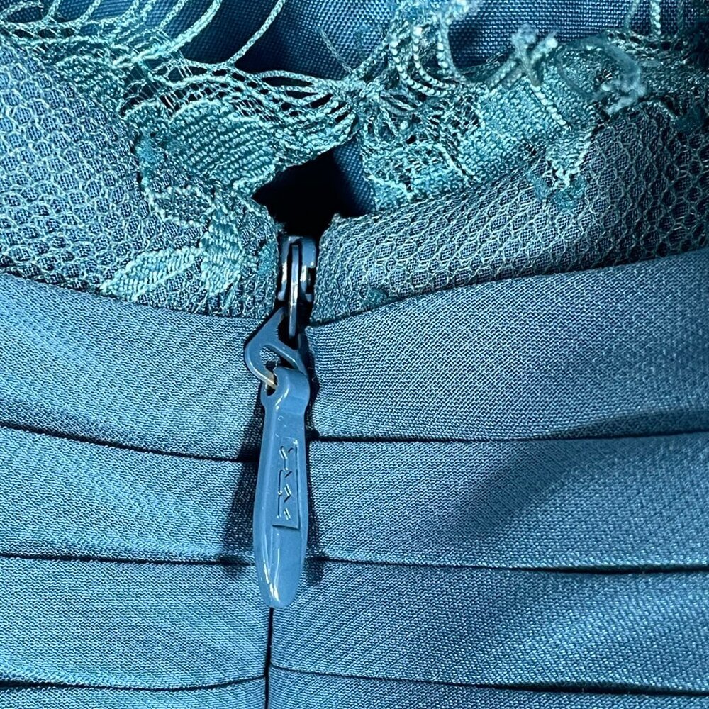 JJ's House Teal Chiffon Maxi Dress Lace Back Pleated Formal Gown Small - Picture 12 of 14